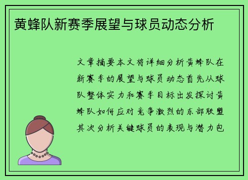 黄蜂队新赛季展望与球员动态分析