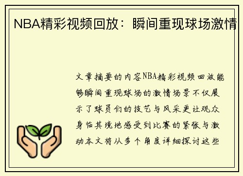 NBA精彩视频回放：瞬间重现球场激情